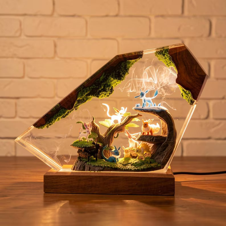 Forest Evolution Resin Night Light – Eevee Inspired Handmade LED Resin Diorama Lamp, Woodland Pokémon Decor, Anime Collector Gift
