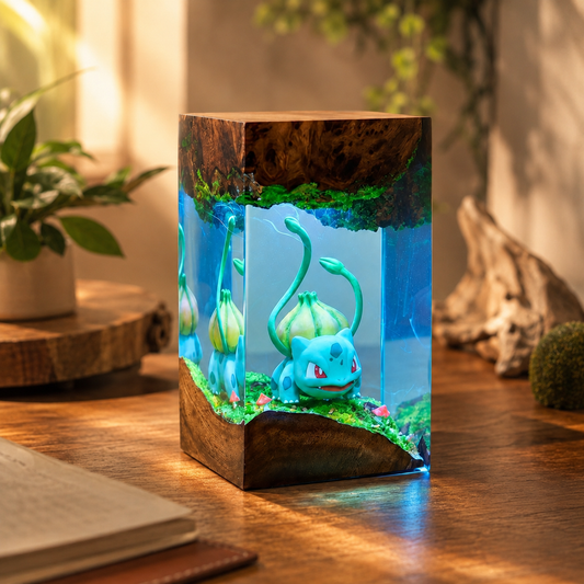 Forest Creature Resin Night Light – Bulbasaur Inspired Handmade LED Resin Lamp, Woodland Anime Diorama, Gaming Room Decor Gift