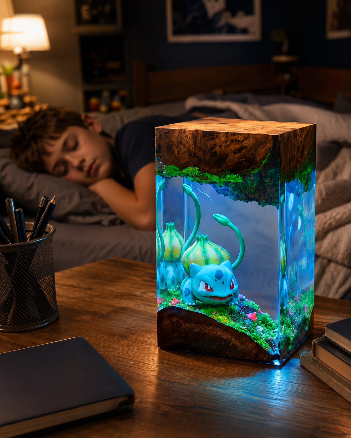 Forest Creature Resin Night Light – Bulbasaur Inspired Handmade LED Resin Lamp, Woodland Anime Diorama, Gaming Room Decor Gift