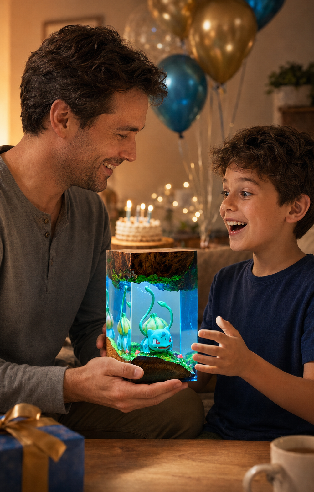 Forest Creature Resin Night Light – Bulbasaur Inspired Handmade LED Resin Lamp, Woodland Anime Diorama, Gaming Room Decor Gift