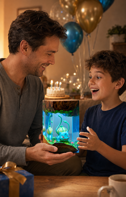 Forest Creature Resin Night Light – Bulbasaur Inspired Handmade LED Resin Lamp, Woodland Anime Diorama, Gaming Room Decor Gift