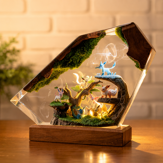 Forest Evolution Resin Night Light – Eevee Inspired Handmade LED Resin Diorama Lamp, Woodland Pokémon Decor, Anime Collector Gift