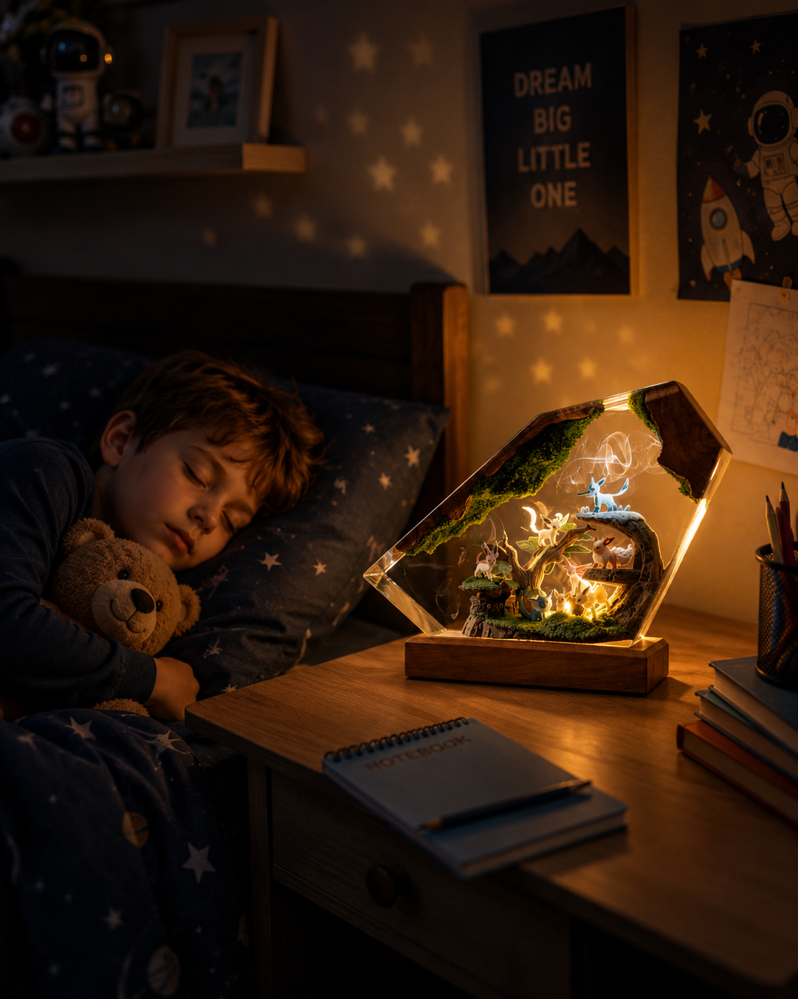 Forest Evolution Resin Night Light – Eevee Inspired Handmade LED Resin Diorama Lamp, Woodland Pokémon Decor, Anime Collector Gift