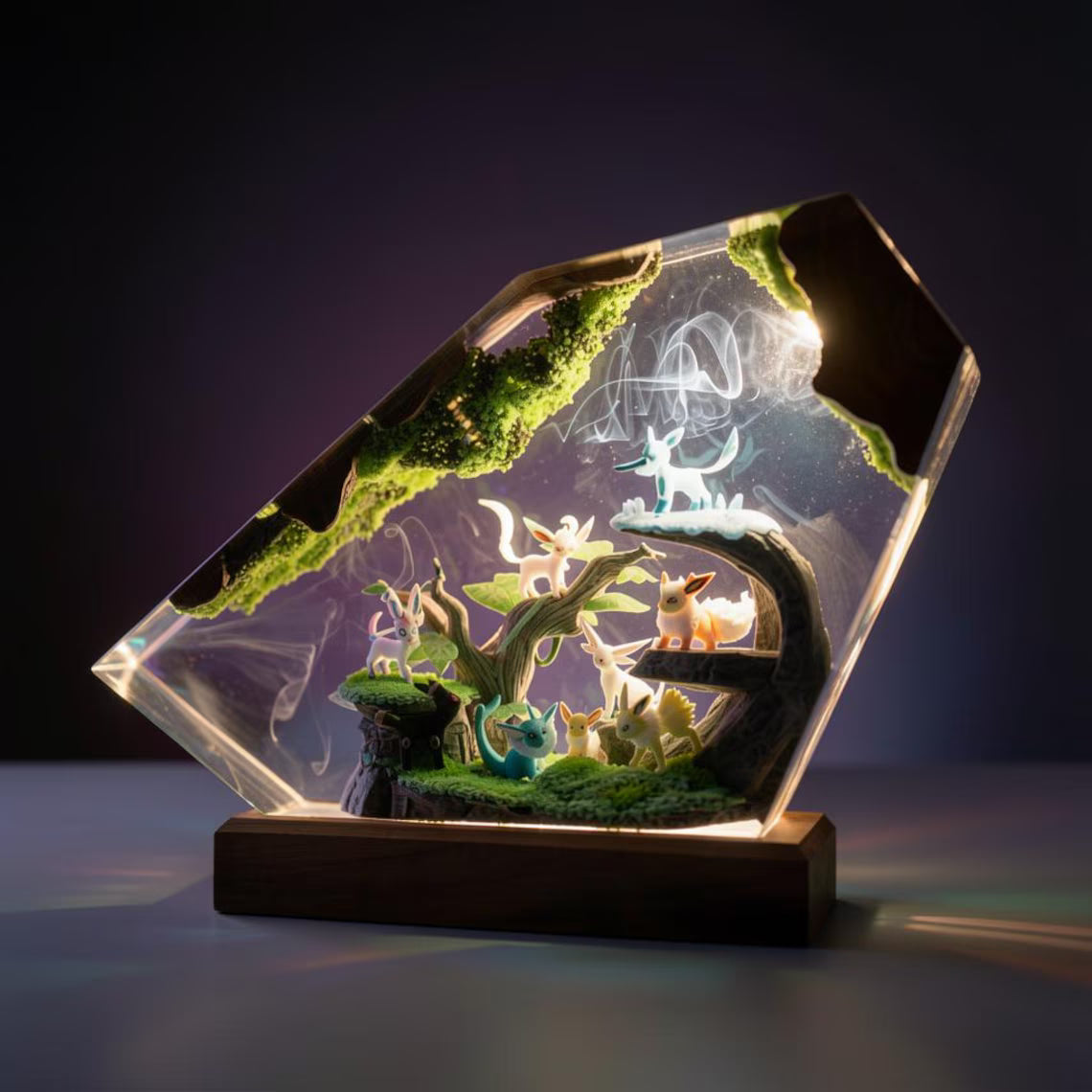 Forest Evolution Resin Night Light – Eevee Inspired Handmade LED Resin Diorama Lamp, Woodland Pokémon Decor, Anime Collector Gift