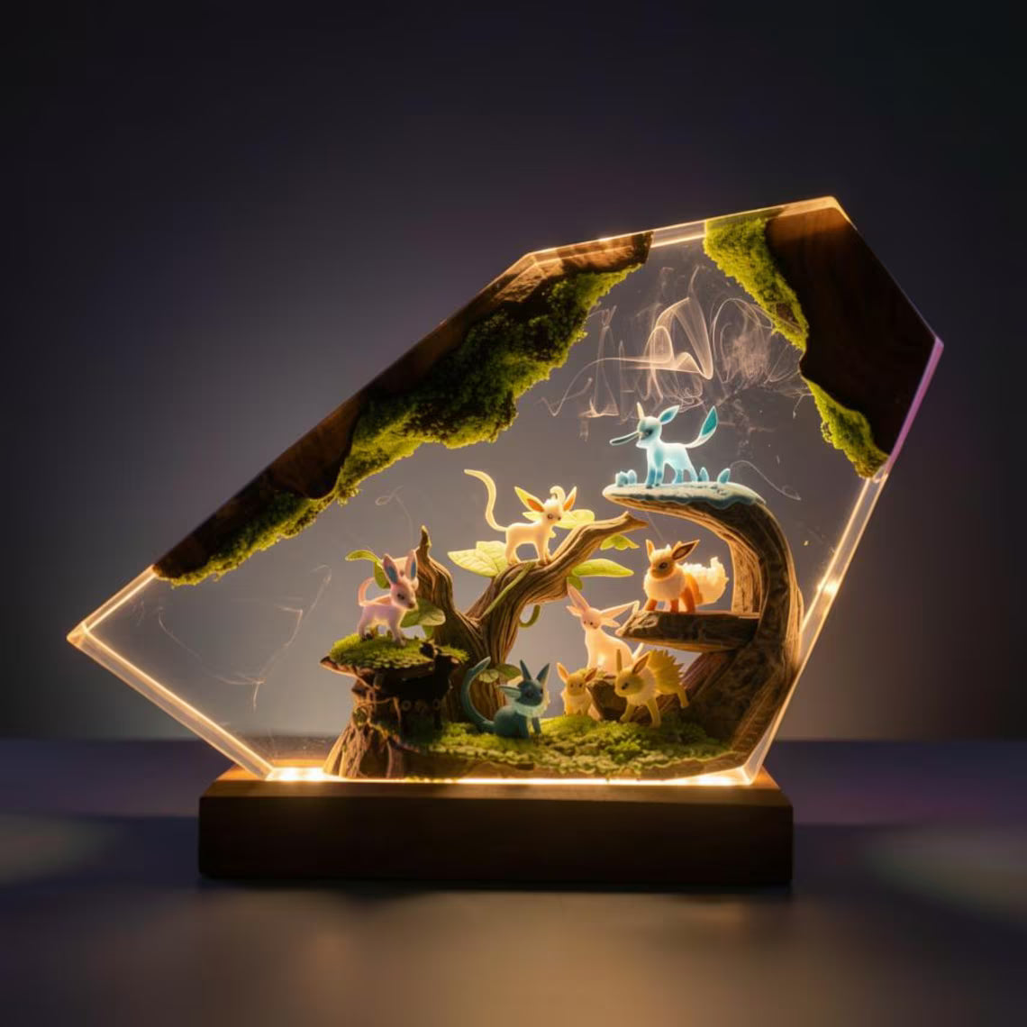 Forest Evolution Resin Night Light – Eevee Inspired Handmade LED Resin Diorama Lamp, Woodland Pokémon Decor, Anime Collector Gift