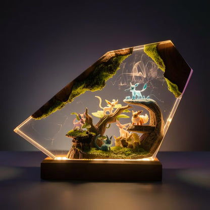 Forest Evolution Resin Night Light – Eevee Inspired Handmade LED Resin Diorama Lamp, Woodland Pokémon Decor, Anime Collector Gift