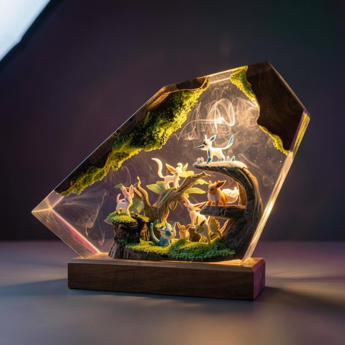 Forest Evolution Resin Night Light – Eevee Inspired Handmade LED Resin Diorama Lamp, Woodland Pokémon Decor, Anime Collector Gift