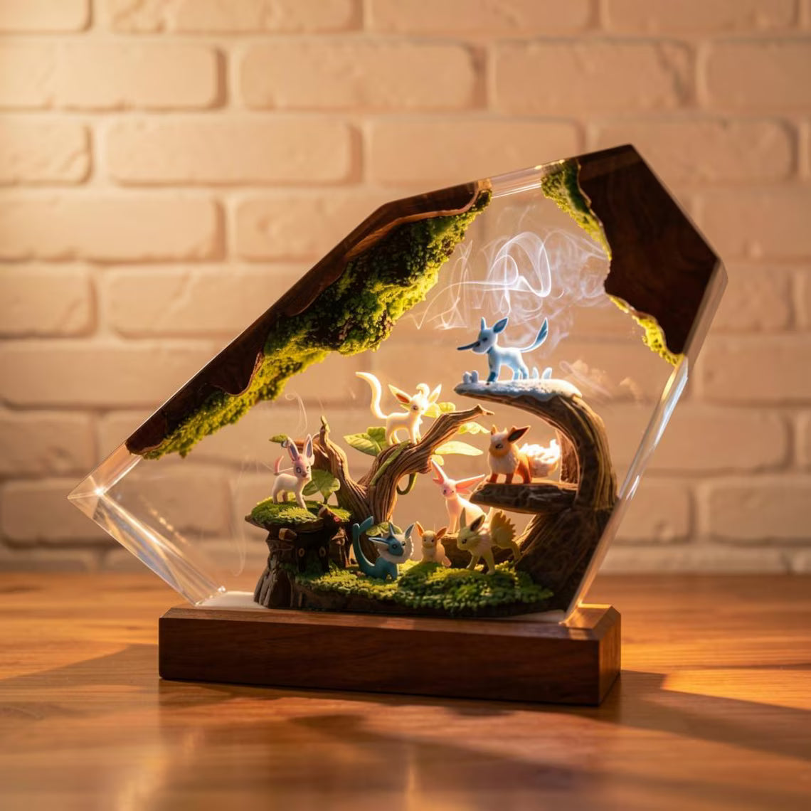 Forest Evolution Resin Night Light – Eevee Inspired Handmade LED Resin Diorama Lamp, Woodland Pokémon Decor, Anime Collector Gift