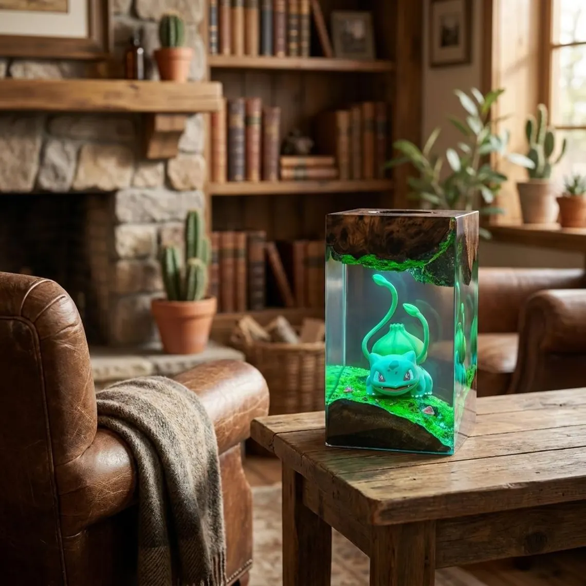 Forest Creature Resin Night Light – Bulbasaur Inspired Handmade LED Resin Lamp, Woodland Anime Diorama, Gaming Room Decor Gift