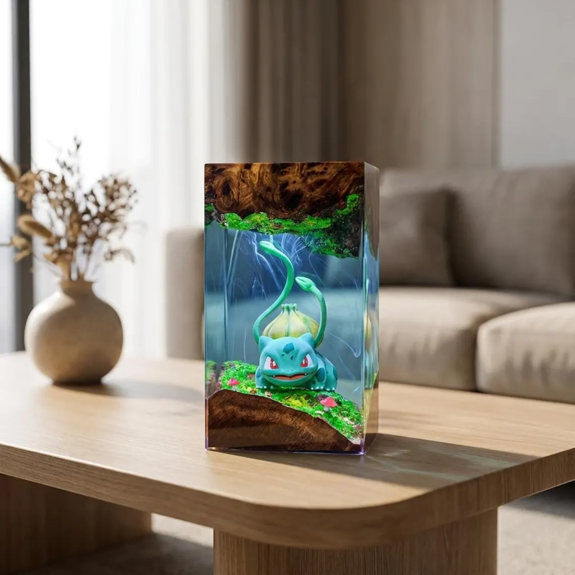 Forest Creature Resin Night Light – Bulbasaur Inspired Handmade LED Resin Lamp, Woodland Anime Diorama, Gaming Room Decor Gift
