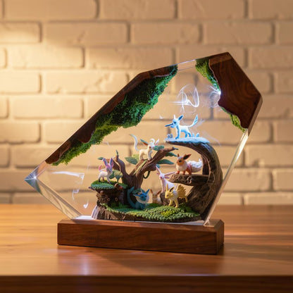 Forest Evolution Resin Night Light – Eevee Inspired Handmade LED Resin Diorama Lamp, Woodland Pokémon Decor, Anime Collector Gift