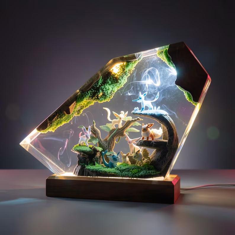 Forest Evolution Resin Night Light – Eevee Inspired Handmade LED Resin Diorama Lamp, Woodland Pokémon Decor, Anime Collector Gift